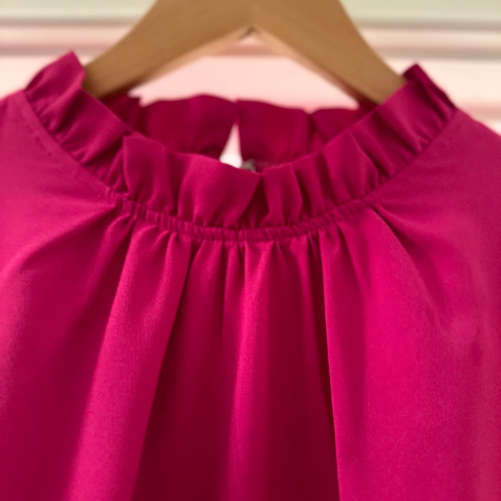J.Crew size 8 mock ruffle neck shift dress in hot pink with long sleeve ruffle.
